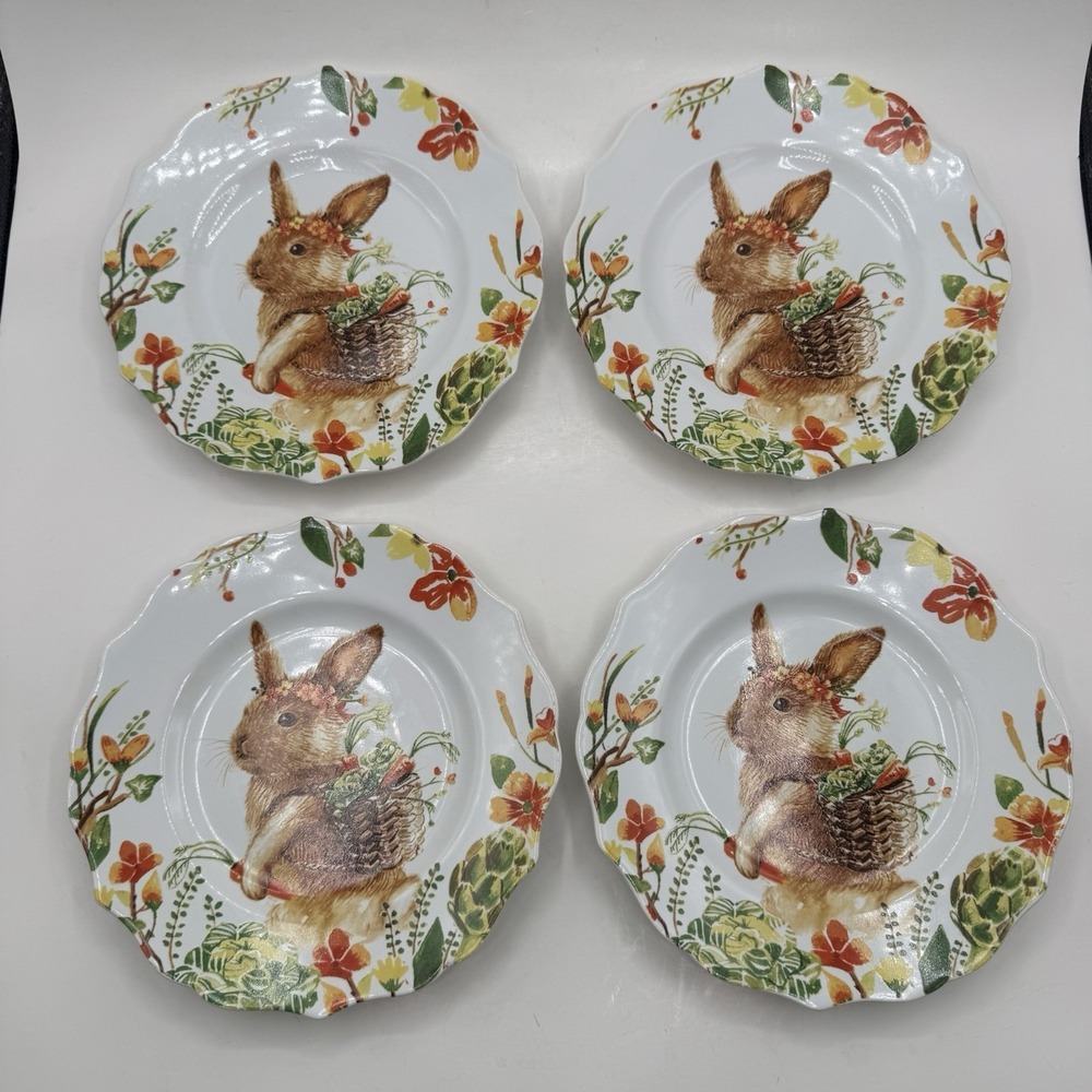 Pier 1 Imports Lilly Easter Rabbit 8.5" Salad-Dessert Plates Set Of 4 Mint!
